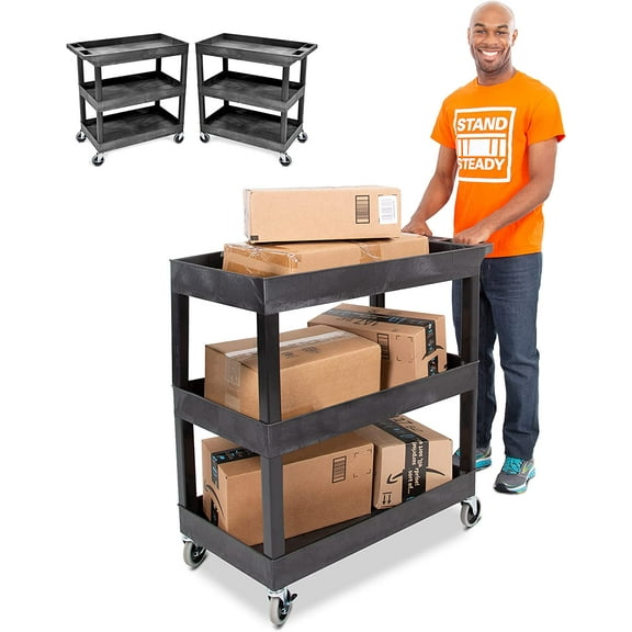 Stand Steady Tubstr 3 Shelf Utility Cart | Heavy Duty Service Cart Supports Up to 400 lbs | Tub Cart with Deep Shelves | Great for Warehouse, Garage, Cleaning, Office & More (32 x 18 / Black / 2Pack)