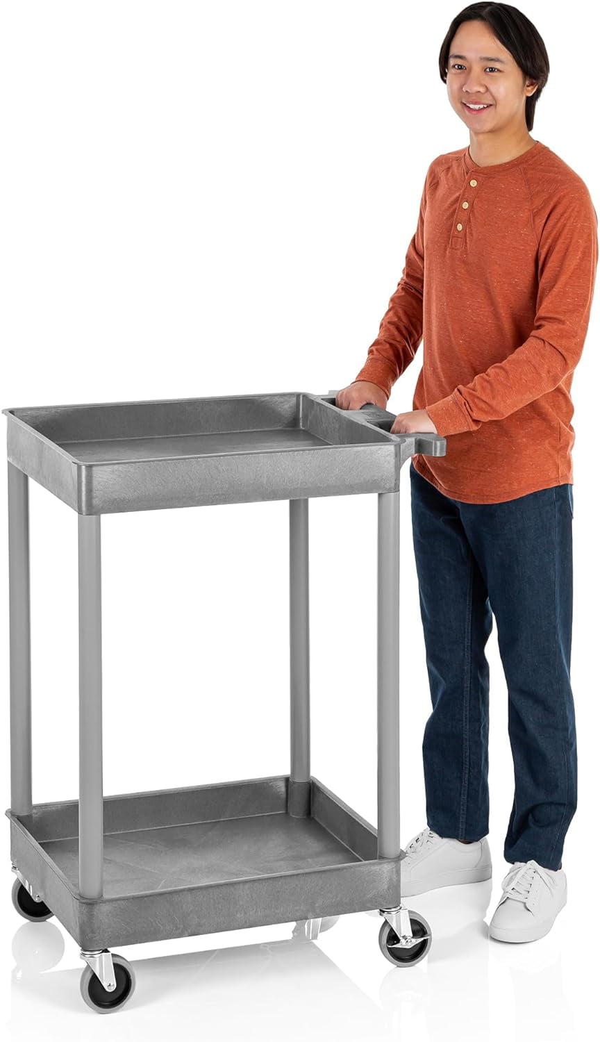 Gray Plastic Two-Shelf Utility Cart with Swivel Casters