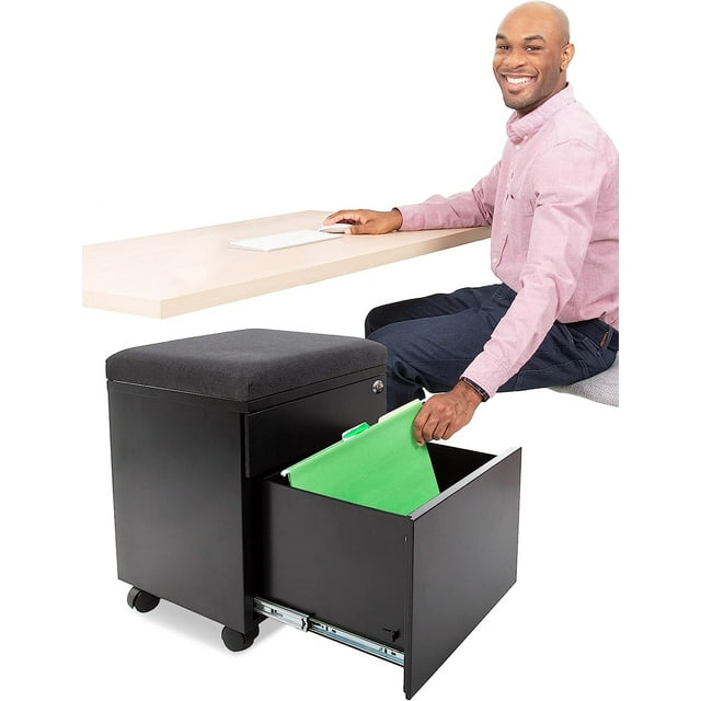 Stand Steady Vert | Rolling File Cabinet | 2 Drawer Mobile File Cabinet with Locking Storage | Small Filing Cabinet with Cushion Top for an Extra Place to Sit | Perfect for Home & Office! (Black)