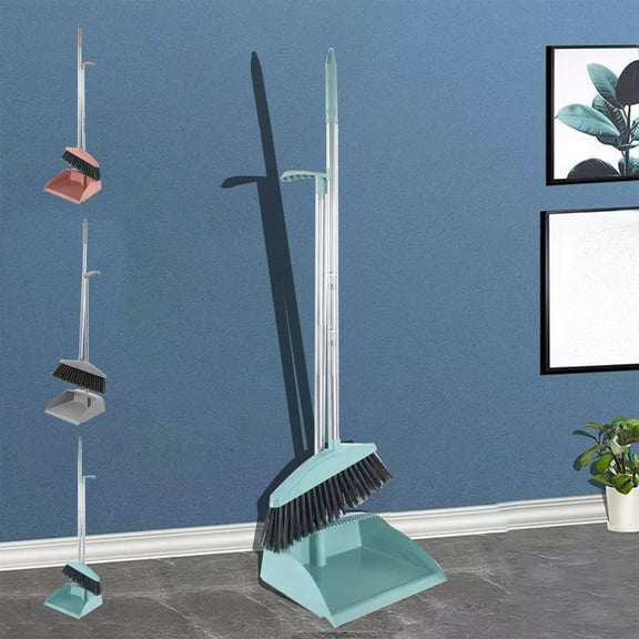 Stand Up Storage Broom and Dustpan Set with Self-Cleaning Teeth and Long Handle, Space-Saving Snap Together Design for Easy Apartment and Home Cleaning NAJKZA | Blue