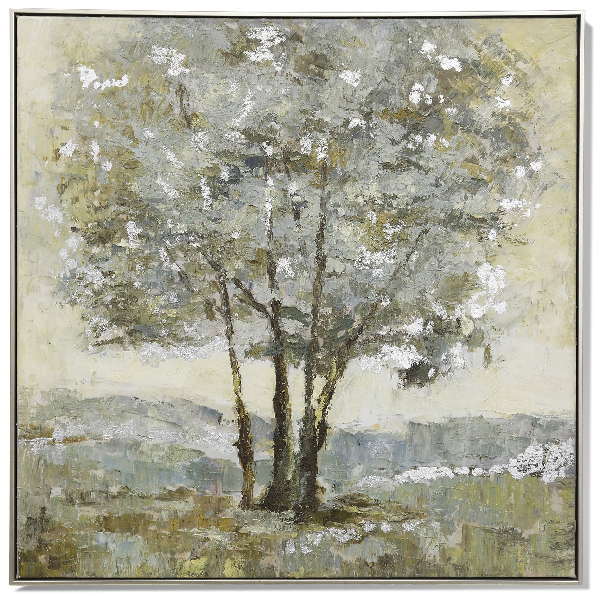 Hand Painted Green and Silver Leaf Landscape Canvas Art