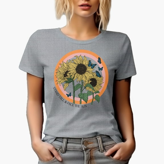 Stand Tall & Face the Sun with Retro Sunflower & Butterfly Art Merch Gift, Heather Grey T-Shirt, Medium