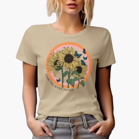 Stand Tall & Face the Sun with Retro Sunflower & Butterfly Art Merch Gift, Tan T-Shirt, 2XL