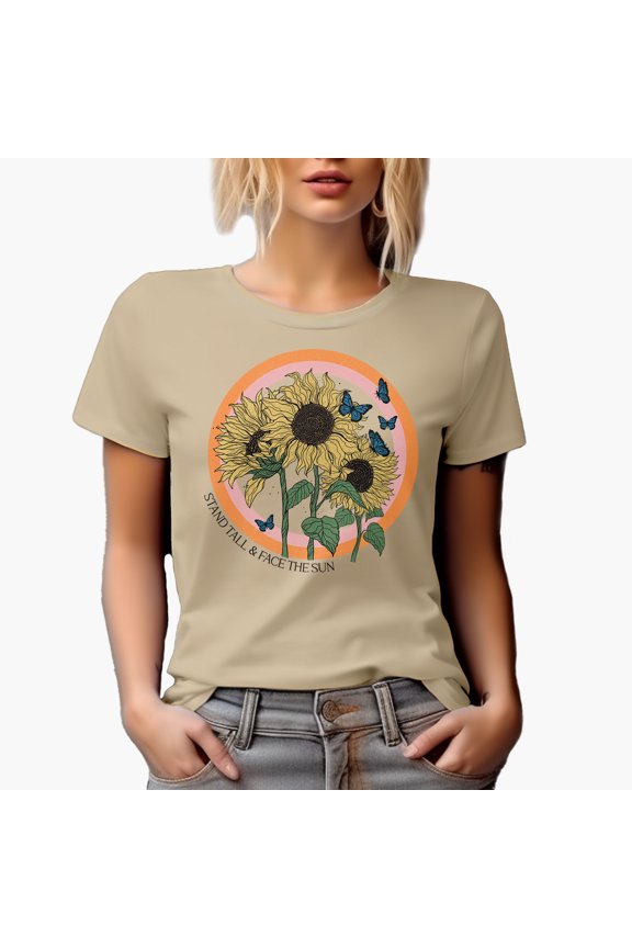 Stand Tall & Face the Sun with Retro Sunflower & Butterfly Art Merch Gift, Tan T-Shirt, XL
