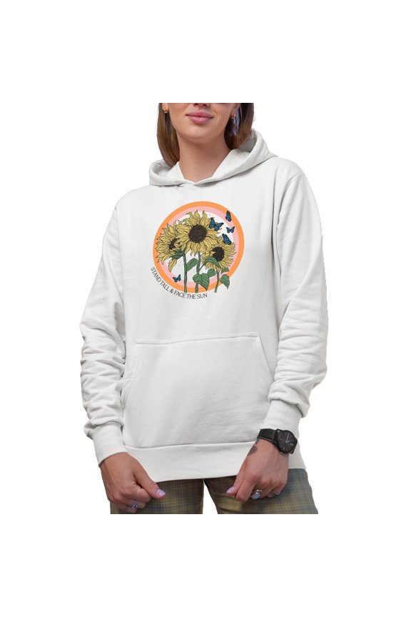 Stand Tall & Face the Sun with Retro Sunflower & Butterfly Art Merch Gift, White Hooded Sweatshirt or Hoodie, 3XL