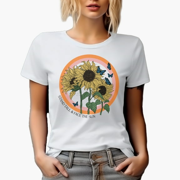Stand Tall & Face the Sun with Retro Sunflower & Butterfly Art Merch Gift, White T-Shirt, Small