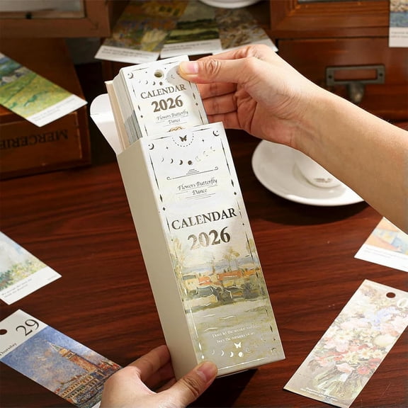 Stand-Up Calendar Desk Calendar With Gold Ring Binding, Oil Painting Inspirational Quotes Planner-Calendar