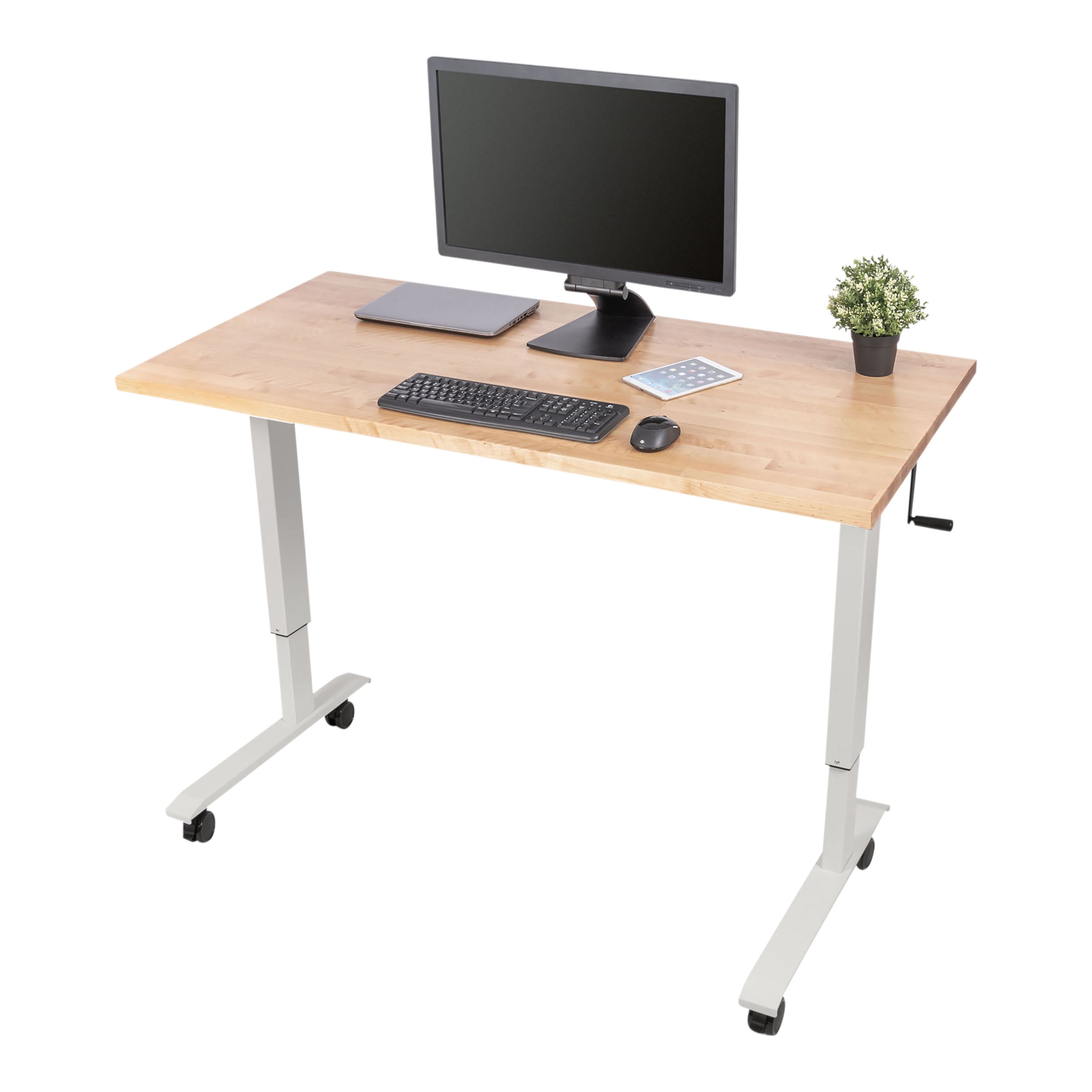 Stand Up Desk Store Crank Adjustable Height 60 W Rolling Solid Wood Top Standing Desk White Frame Natural Birch Top 60 Wide Walmart