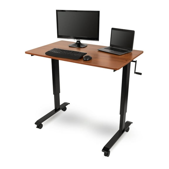 Stand Up Desk Store Crank Adjustable Height Rolling Standing Desk (Black Frame/Teak Top, 48" Wide)