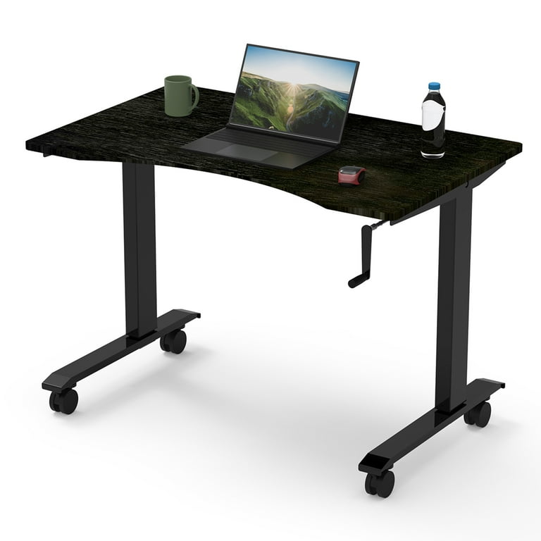 Stand Up Desk Store Crank Adjustable Height Rolling Standing Desk Charcoal Frame Curved Black Coffee Bamboo Top 48