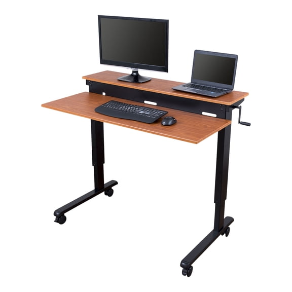 Stand Up Desk Store Crank Adjustable Two Tier Standing Desk with Heavy Duty Steel Frame (Black Frame/Teak Top, 48" Wide)