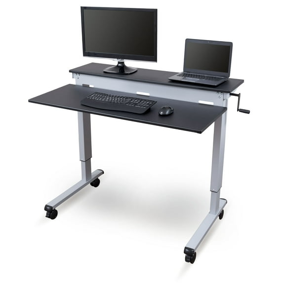 Stand Up Desk Store Crank Adjustable Two Tier Standing Desk with Heavy Duty Steel Frame (Silver Frame/Black Top, 48" Wide)