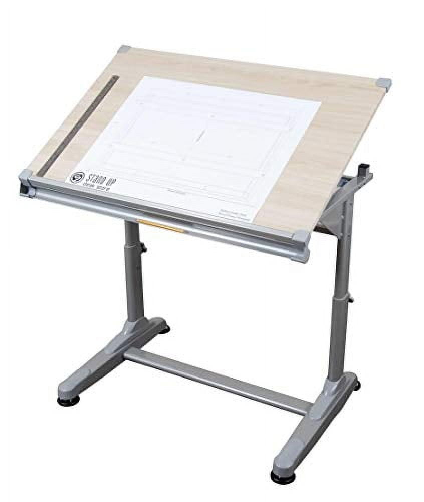 Adjustable Height Silver Frame Drafting Table with Birch Top