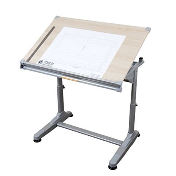 Stand Up Desk Store Height Adjustable Drawing and Drafting Table with 39.2" W x 27.5" D Surface, Silver Frame with Birch Top