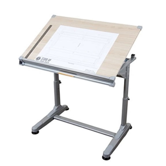 Stand Up Desk Store Height Adjustable Drawing and Drafting Table with 39.2" W x 27.5" D Surface, Silver Frame with Birch Top
