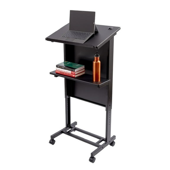 Stand Up Desk Store Mobile Adjustable Height Rolling Lectern Podium with Heavy Duty Steel Frame (Black Frame/Black Shelves, 25.5" Wide)