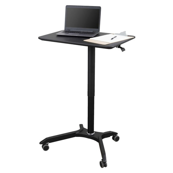 Stand Up Desk Store Pneumatic Adjustable Height Rolling Mobile Laptop Standing Desk Cart (Black Frame/Black Top, 28" Wide)