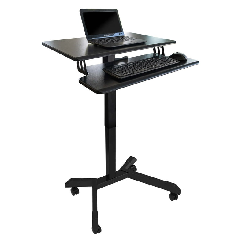 Stand Up Desk Store Pneumatic Adjustable Two Tier Compact Standing Desk Black Frame Black Desktop 28 Wide