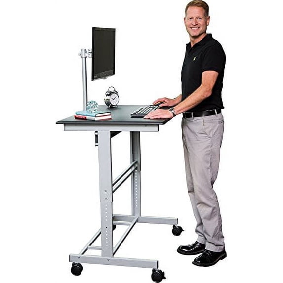 Stand Up Desk Store Rolling Adjustable Height Mobile Standing Desk with Monitor Mount (Silver Frame/Matte Black Top, 40" Wide)