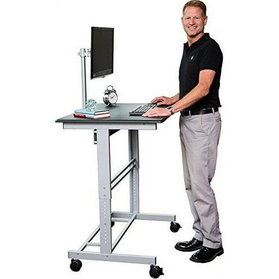Stand Up Desk Store Rolling Adjustable Height Mobile Standing Desk with Monitor Mount (Silver Frame/Matte Black Top, 40" Wide)