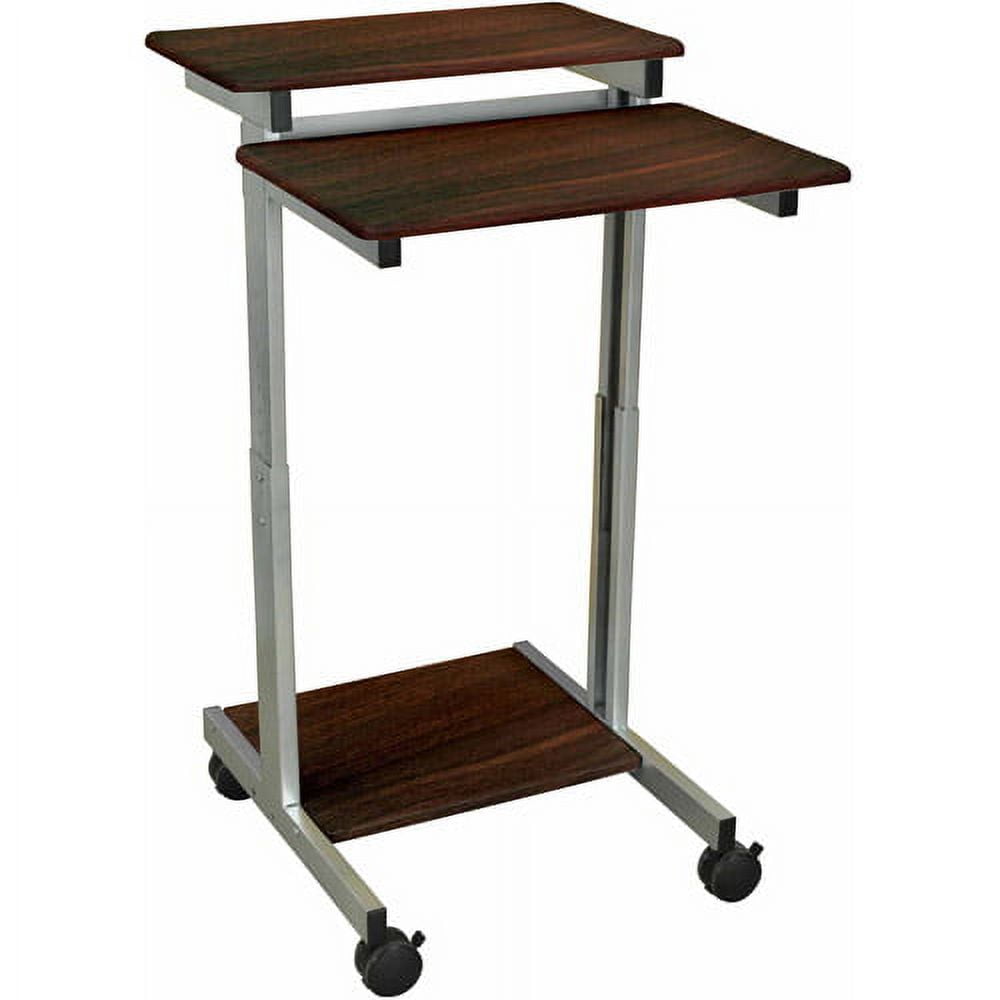 Adjustable Dark Walnut Two-Tier Standing Desk with Metal Frame