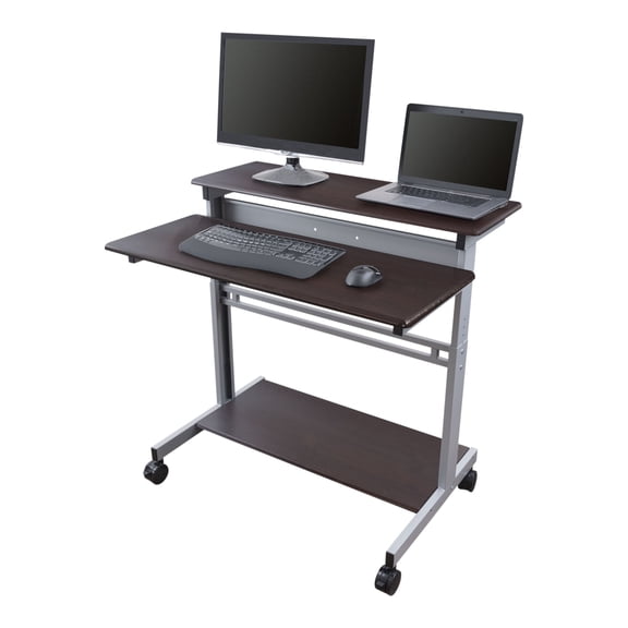 Stand Up Desk Store Rolling Adjustable Height Two Tier Standing Desk Computer Workstation (Silver Frame/Dark Walnut Top, 40" Wide)