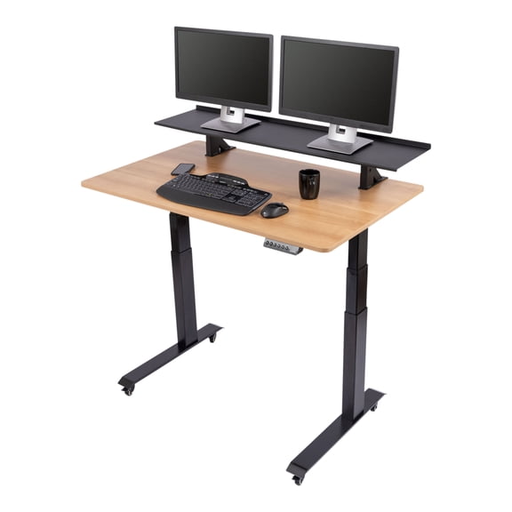 Stand Up Desk Store Split Top Electric Adjustable Height Standing Desk with Monitor Shelf (Black Frame/Natural Walnut Top, 48" Wide)