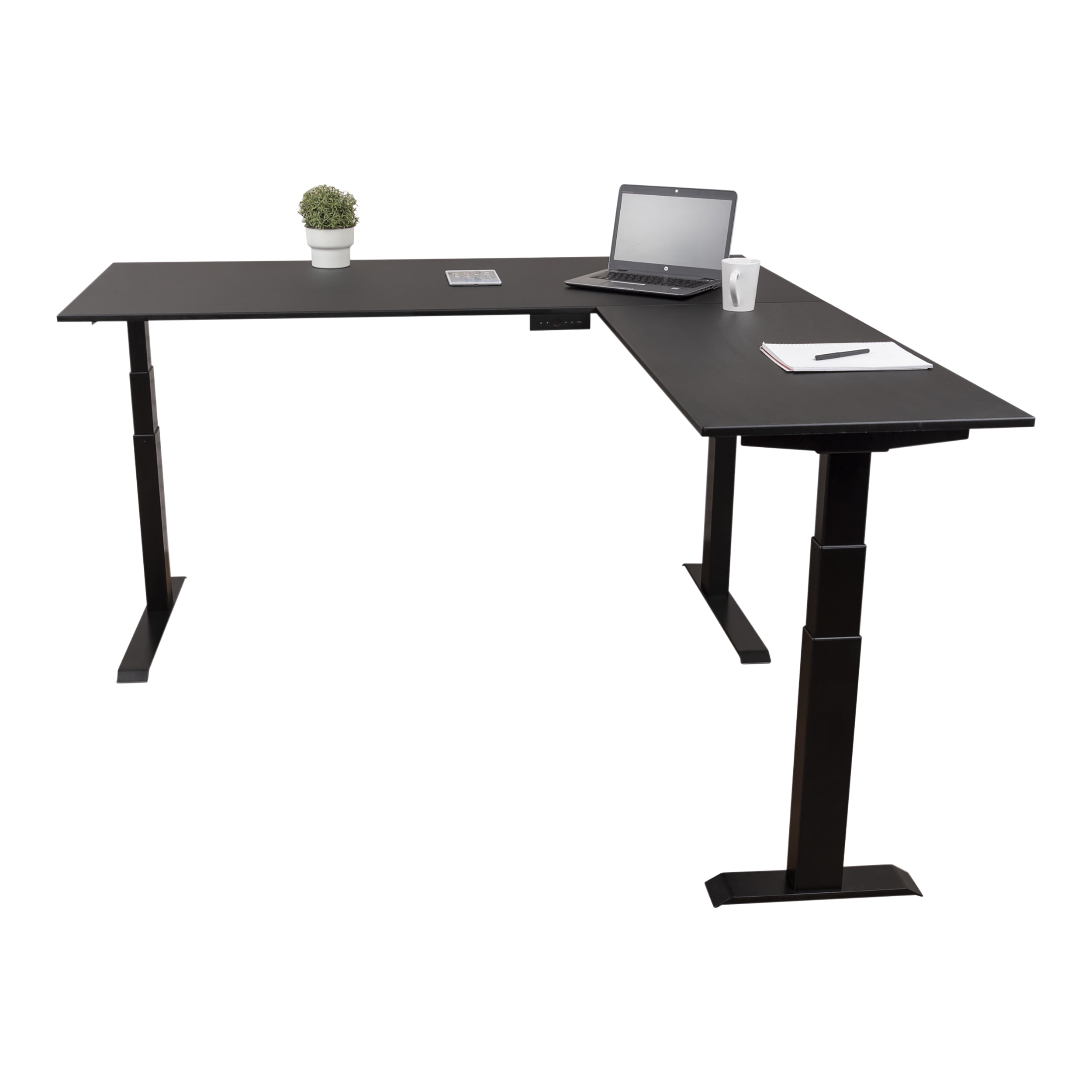 Adjustable Triple Motor Black L-Shaped Standing Desk, 71" W