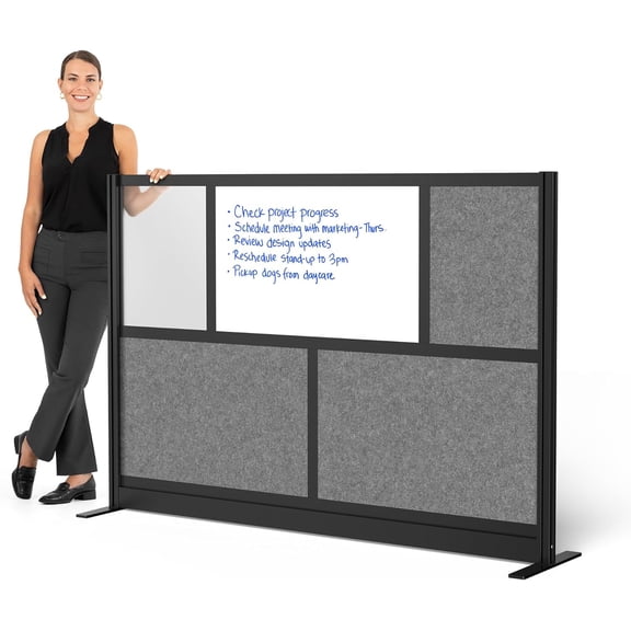 Stand Up Desk Store Workflow Modular Wall | 70'' x 48'' Wall | Expandable Partition Room Divider with Rearrangeable Frosted Acrylic, Sound Absorbent and Whiteboard Panels (Black Frame)