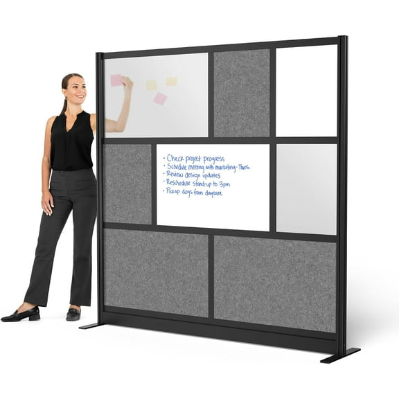 Stand Up Desk Store Workflow Modular Wall | 70'' x 70'' Wall | Expandable Partition Room Divider with Rearrangeable Frosted Acrylic, Sound Absorbent and Whiteboard Panels (Black Frame)