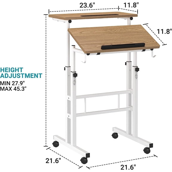 Stand Up Desk on Wheels, Portable Computer Desk for Home Office,Rolling Desk for Laptop with Removable Cup Holder, Adjustable Laptop Cart for Standing or Sitting,Khaki