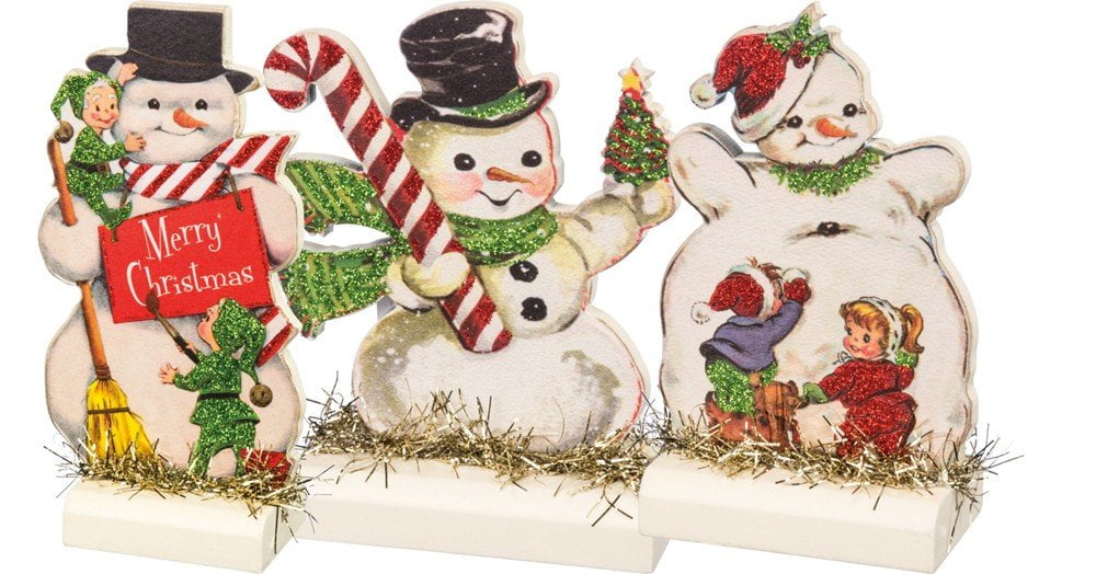 Vintage Christmas Snowmen Stand Up Set with Glitter Accents