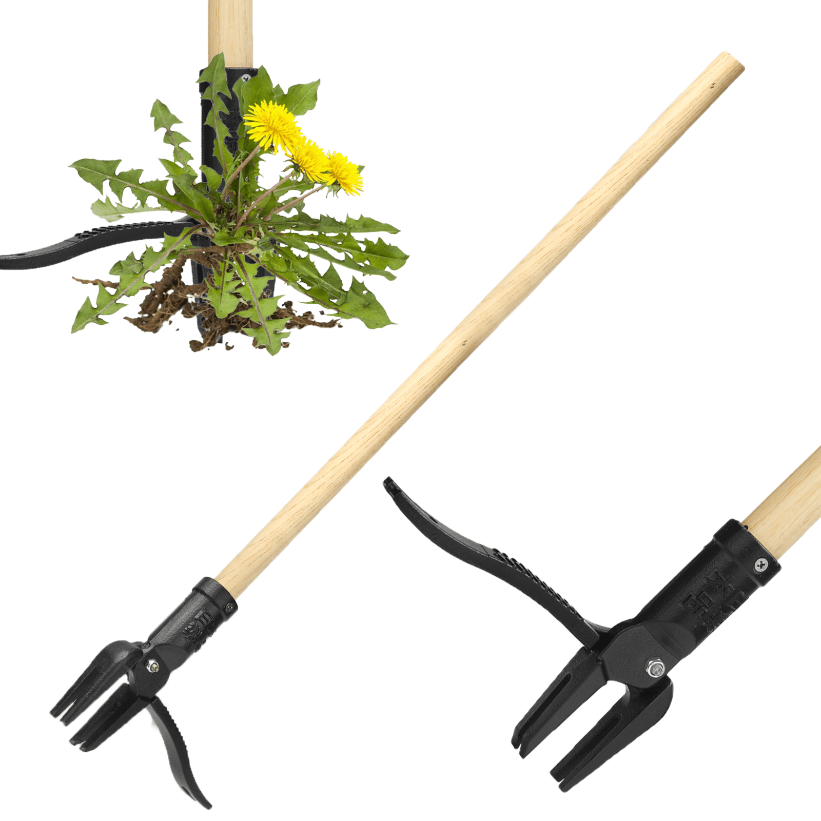 Stand up Weed Puller Tool Heavy Duty Weeding Tool with Long Wooden Handle and 4-Claw Steel Head
