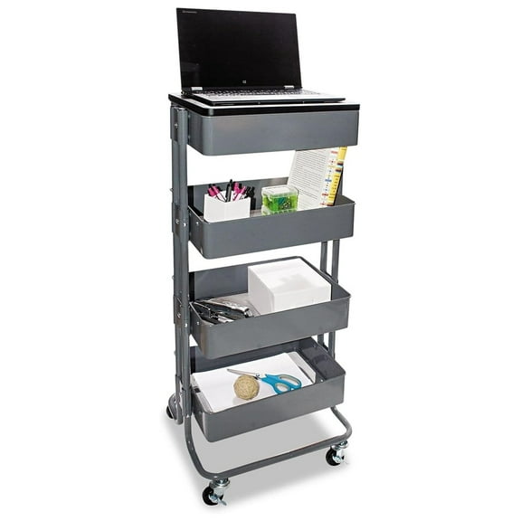 Stand Up Workstation 4-Tier, 39" Tall - Rolling Storage Cart - Adjustable Height Metal Utility Cart - Gray Finish - Office, Home, Studio