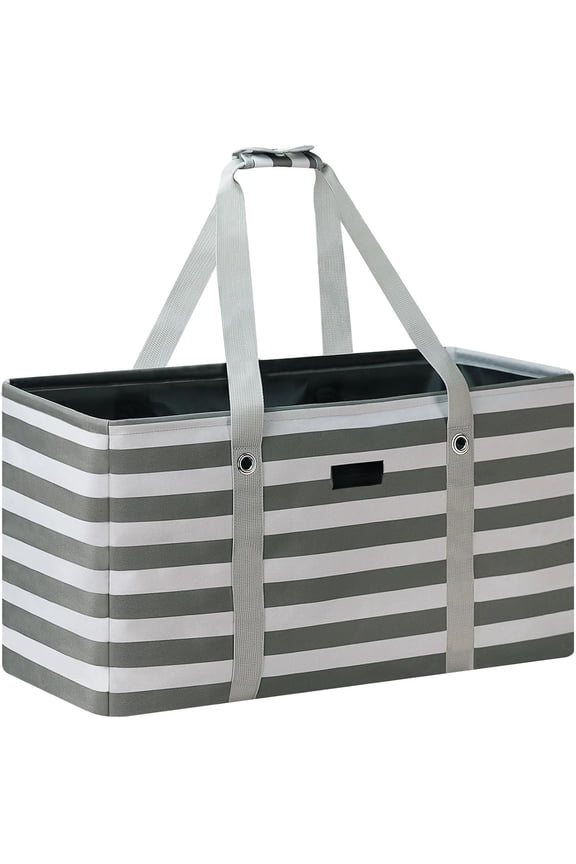 Stand Up Utility Tote Bag, Foldable Grocery Bags with Metal Wire Frame & Reinforced Bottom Board, Large Utility Tote for Shopping, Trunk, Beach Bag (Grey)