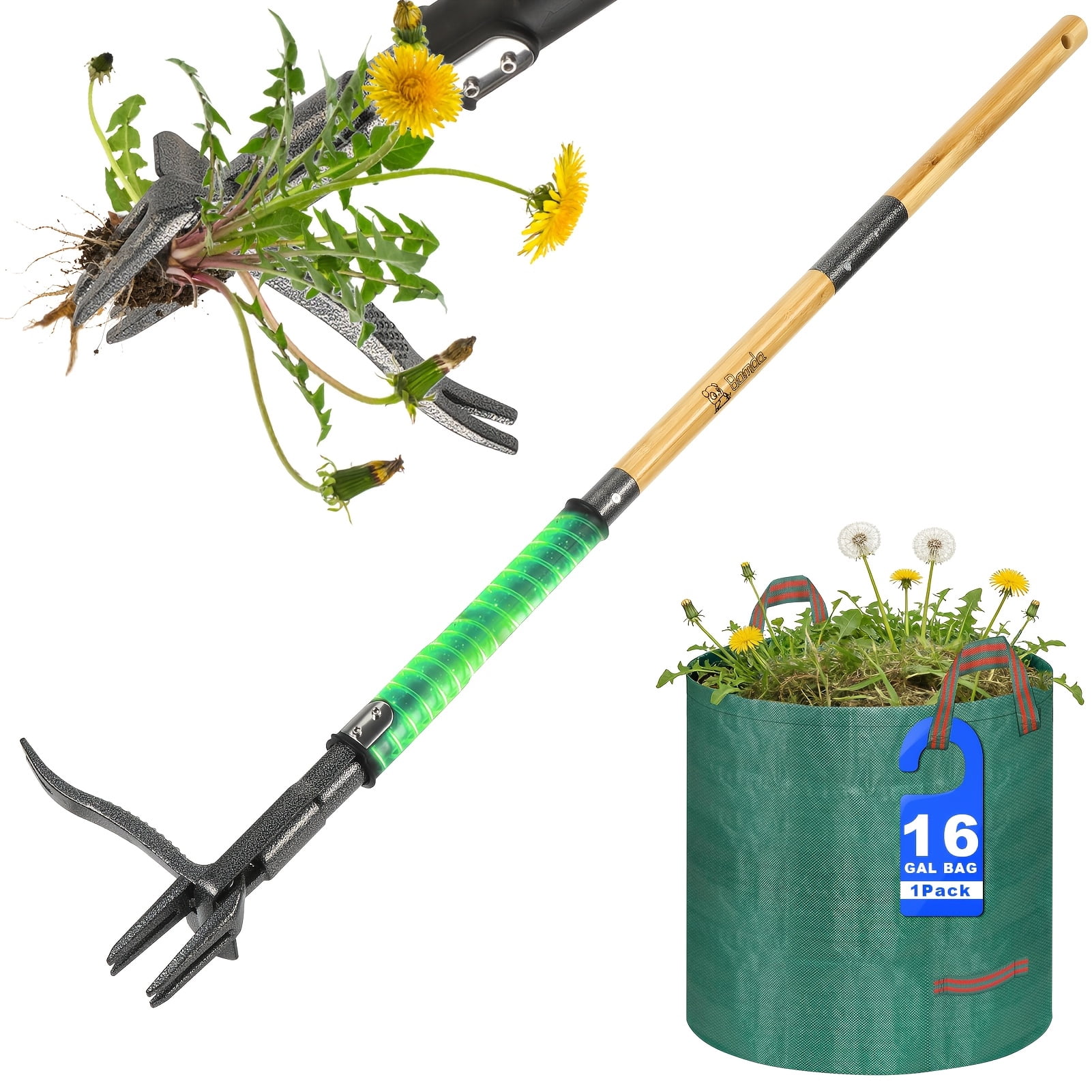 Stand Up Weed Puller With Large Collection Bag, Heavy Duty 4-Claw No-Bend Weeding Tool, Ergonomic Long Handle Root Remover For Lawn & Yard, Effortless Garden Maintenance Kit