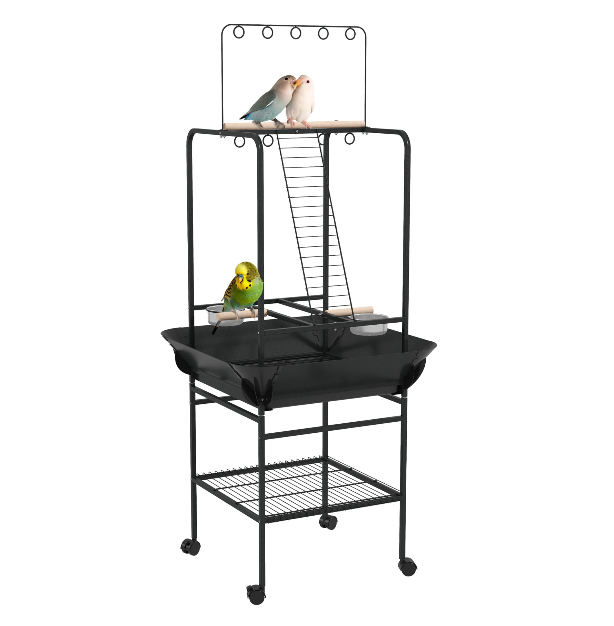 View of Stand with Wheels, Parrot Stand with Perches, Stainless Steel Feed ...