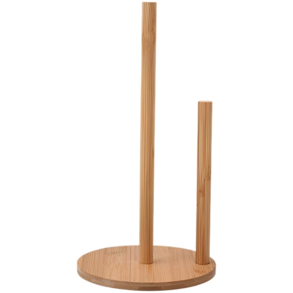 Stand Up Wood Paper Towel Holder for Kitchen Countertop & Dining Table, 11 in / 28 cm Tall Dual Rod Roll Dispenser Paper Hanger Rack with Round Weighted Non-Slip Base, Natural Wood for Home Decor