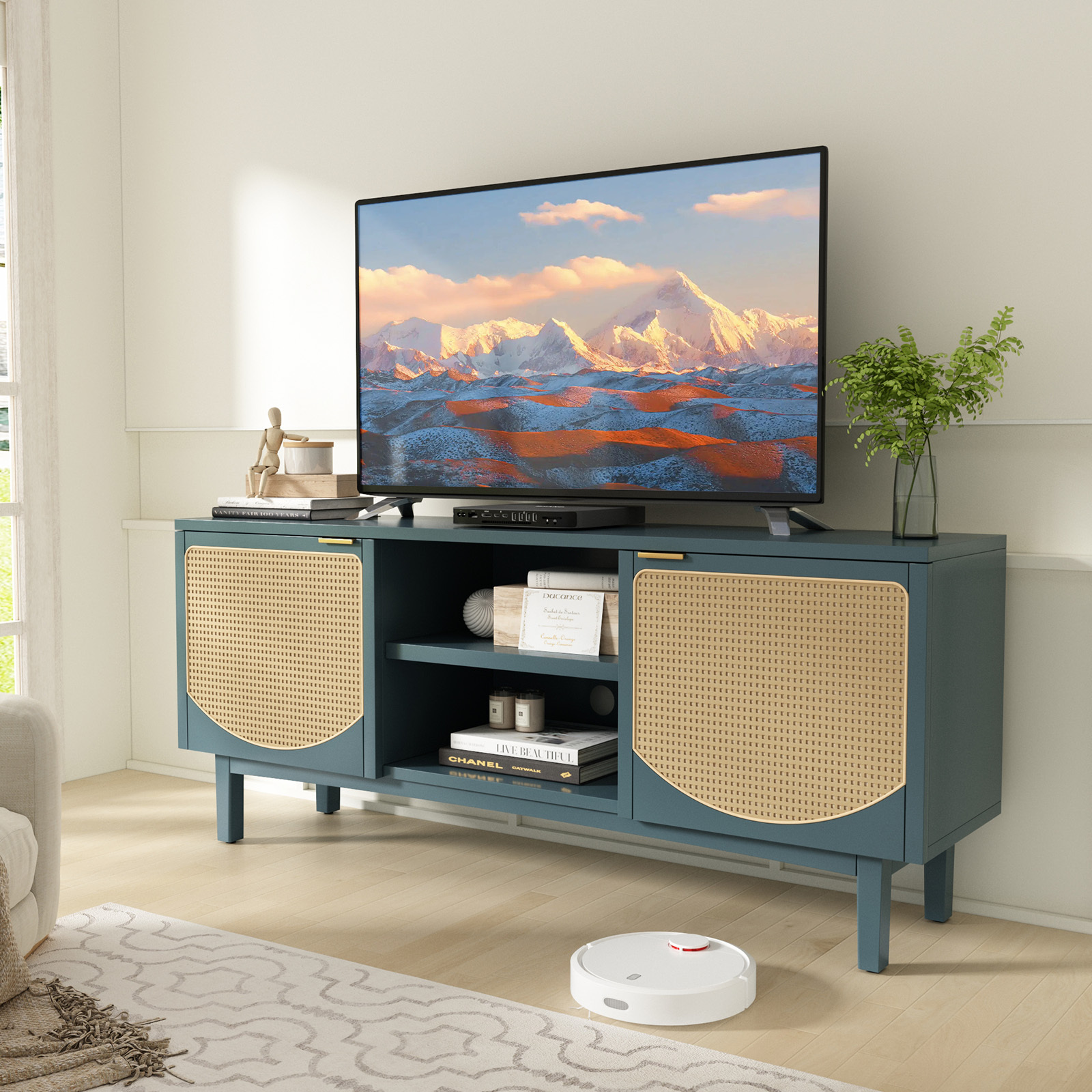 Stand for 65'' TV, Mid Century Modern Teal TV Stand with Decorative