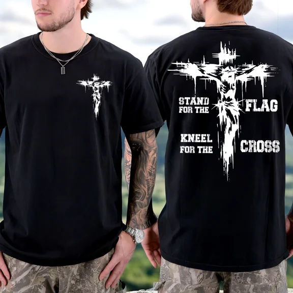 Stand for the Flag Kneel for the Cross T-Shirt, Christian Patriotic Graphic Tee, Unisex Religious Shirt, Short Sleeve Cotton Top