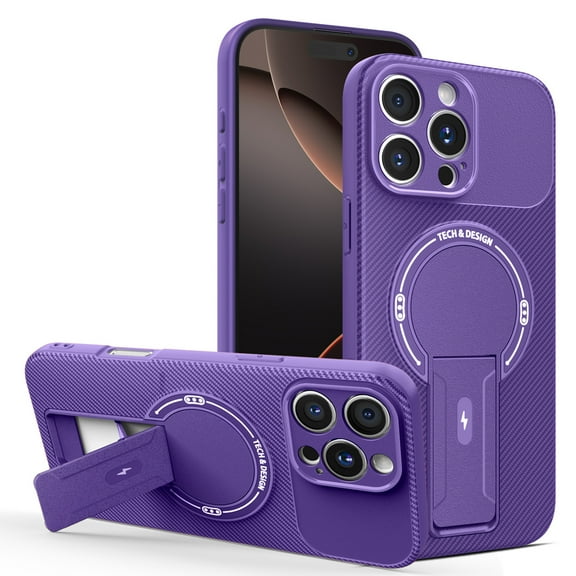 Stand for iPhone 16 Case, Magnetic Compatible with Mag-Safe, Military Drop Protection, Shockproof Carbon Fiber Texture Hard PC + TPU Bumper Case for iPhone 16, Purple