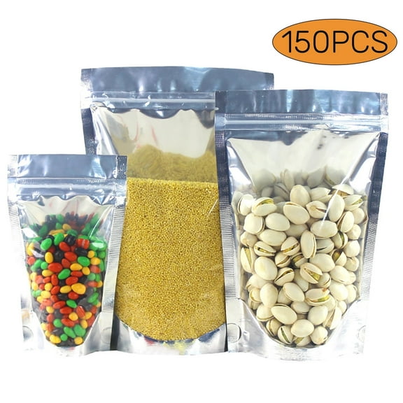 Stand up Pouches Clear Front with Aluminum Foil Back Sealable Reusable Zip Lock Food Storage Bags for Packaging 150 Pcs Silver