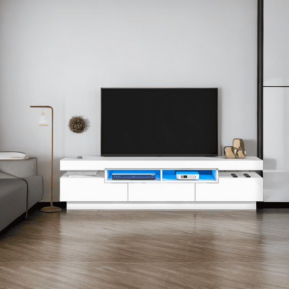 Stand with 4 Open Shelves, Modern High Gloss Entertainment Center for 75 Inch, Universal TV Storage Cabinet with 16 RGB LED Color Changing Lights