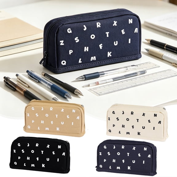 Standable Letter Print Pencil Case, Large Capacity Multifunctional Stationery Bag, Portable Pen Pouch for Office (Black)