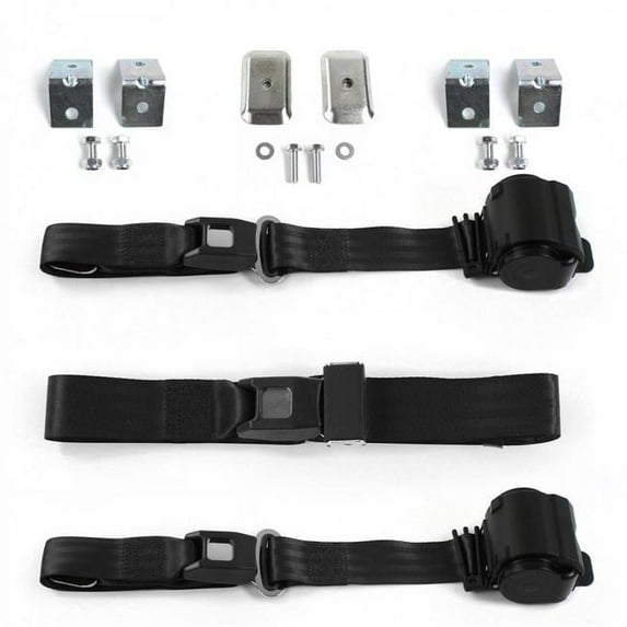 Standard 2 Point Black Retractable Bench Seat Belt Kit with Bracketry for 1960-1969 Chevy Corvair - 3 Belts
