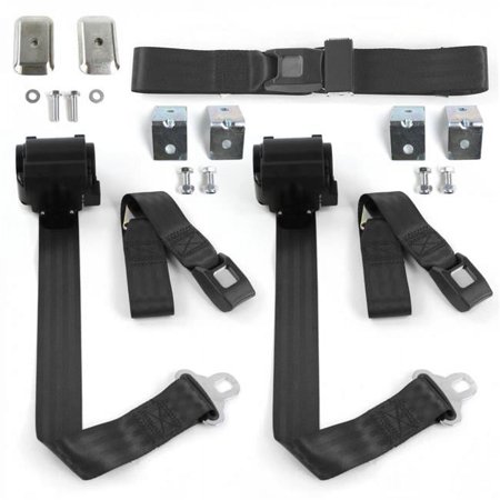 Standard 2 Point Black Retractable Bench Seat Belt Kit with Bracketry for 1966-1977 Ford Bronco - 3 Belts