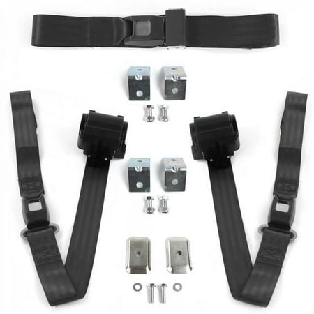 Standard 2 Point Black Retractable Bench Seat Belt Kit with Bracketry for 1970-1981 Camaro - 3 Belts