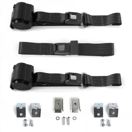 Standard 2 Point Black Retractable Bench Seat Belt Kit with Bracketry for 1982-1994 Chevy Cavalier - 3 Belts
