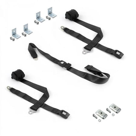 Standard 2 Point Black Retractable Bench Seat Belt Kit with Bracketry for Chevy Bel Air 1955-1957 - 3 Belts