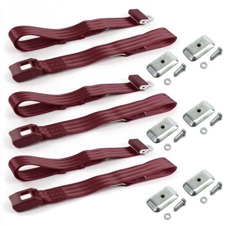 Standard 2 Point Burgundy Lap Bench Seat Belt Kit with Bracketry for 1982-1992 Camaro - 3 Belts